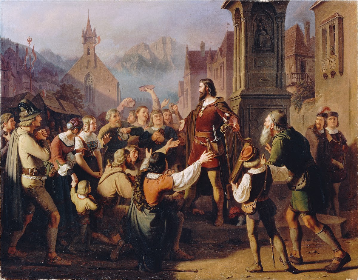 Duke Friedrich IV disguised as a minstrel reveals himself to his faithful Tyrole