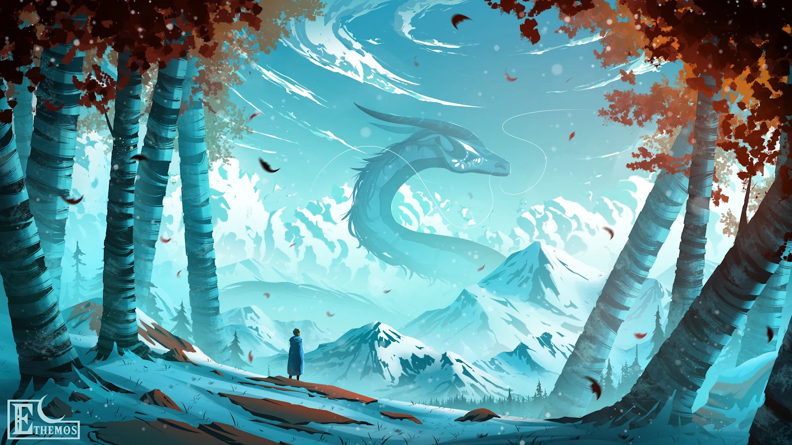 Lone Figure Meets Winter Dragon - Fantasy Digital Painting 4K Wallpaper (3840x2160)