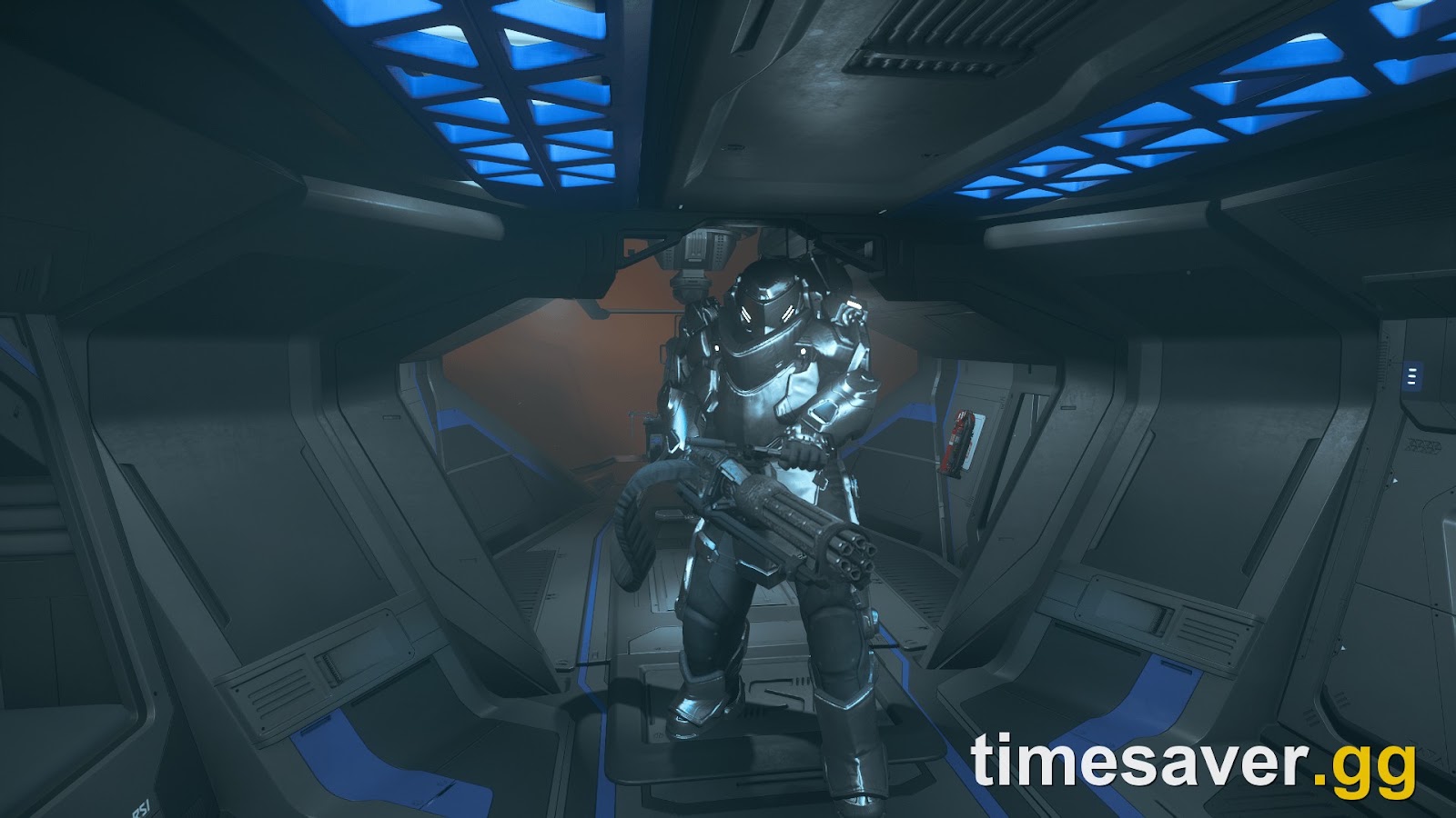 A player in the new BUL-H4 Super Heavy Armor holding the Apocalypse Arms Vendetta HMG in Star Citizen Alpha 4.10