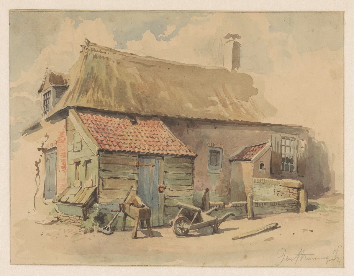 Boerenhuis met houten aanbouw ervoor een kruiwagen en een slijpsteen 1837   1903