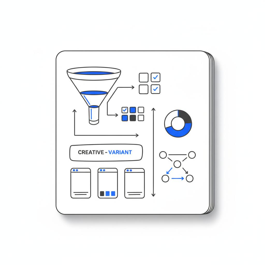Overhead 2D vector sketchbook page showing funnel stages, testing blocks and creative variants with dark-gray lines and blue accents &mdash; TikTok ads for small business
