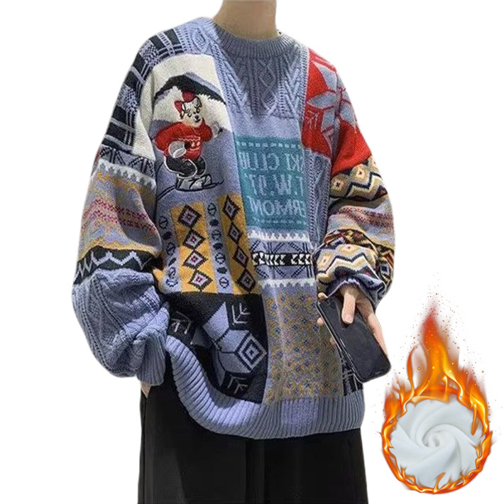 Men's knit sweater with bear embroidery and stand-up collar