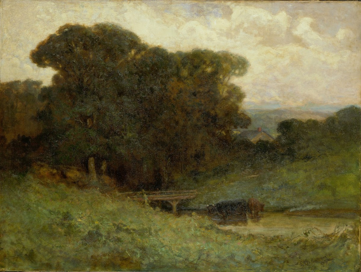 Untitled forest scene with bridge cows in stream in foreground 1897