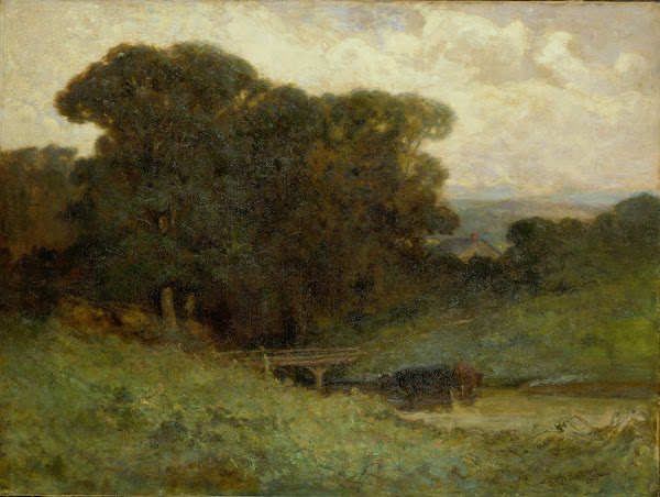 Untitled forest scene with bridge cows in stream in foreground 1897