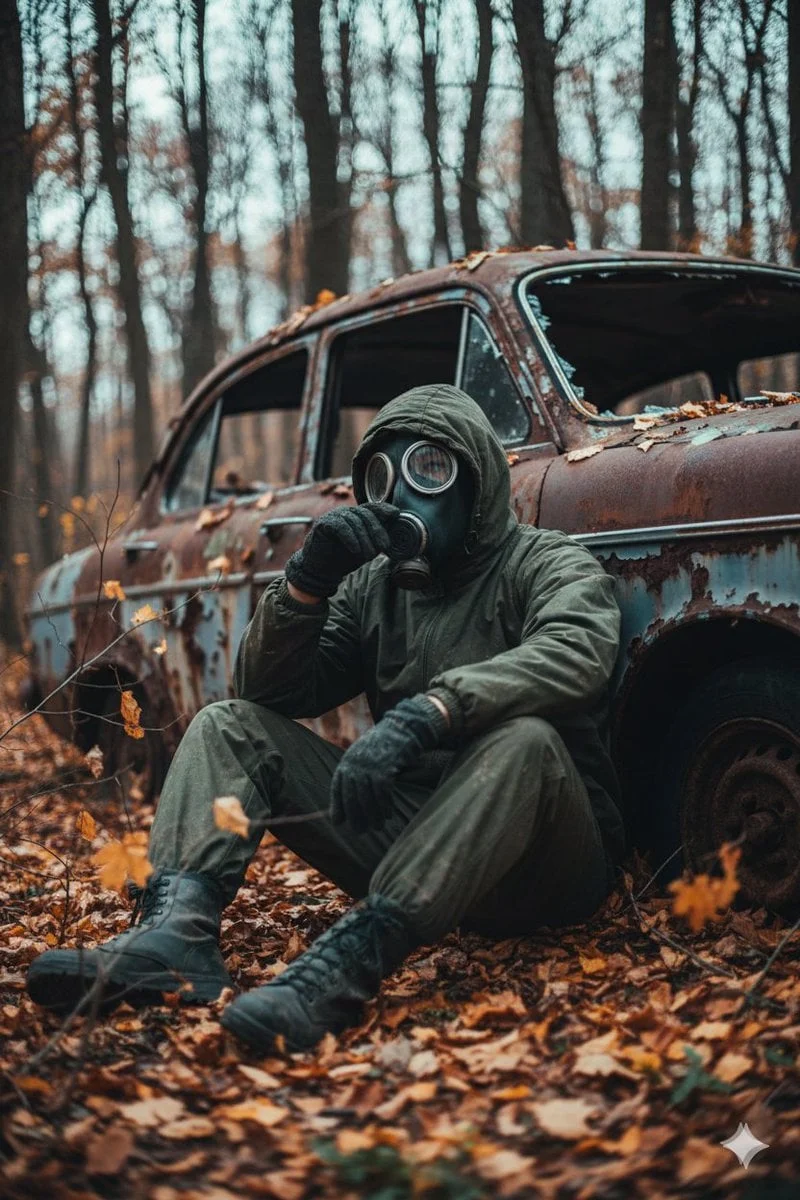 Una escena postapocalíptica cinematográfica y ultrarrealista de un único superviviente sentado en el suelo del bosque, apoyado...