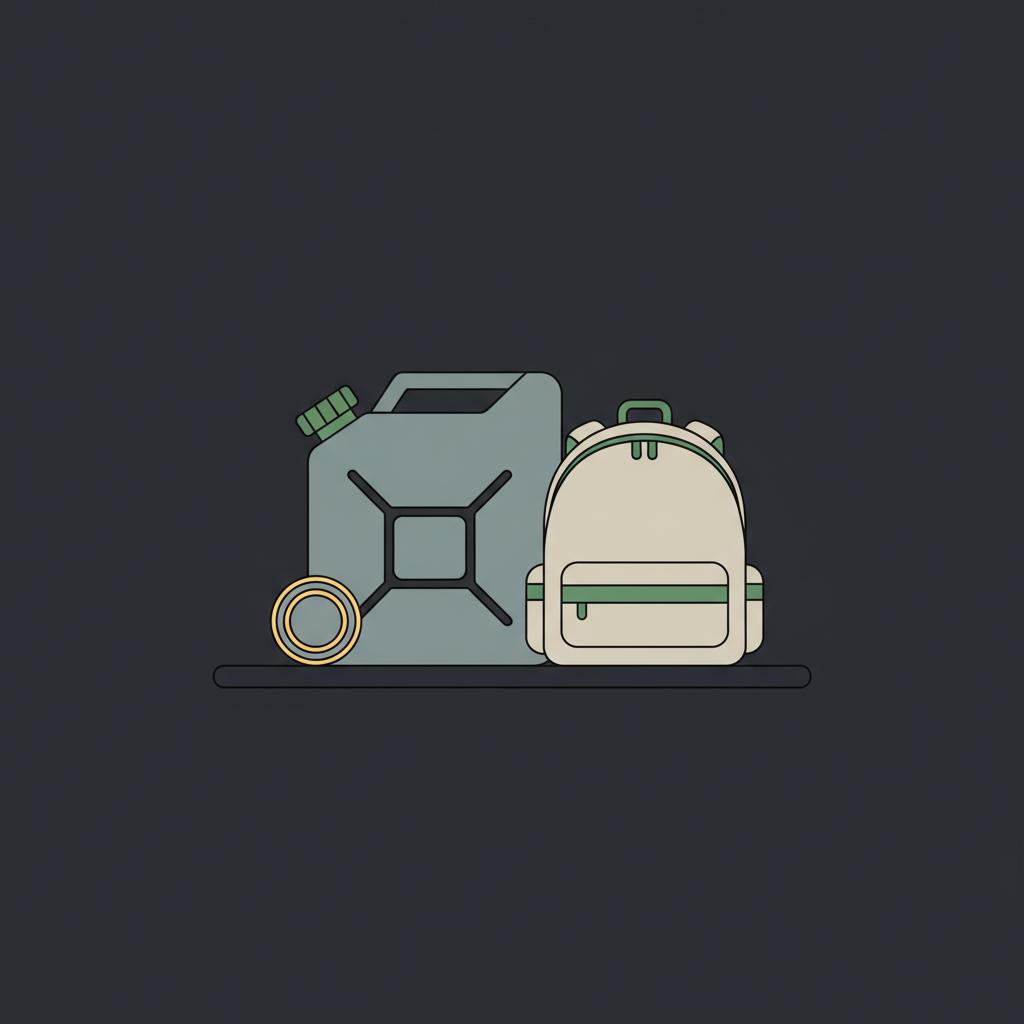 Minimalist 2D vector of a roadside gas can and small backpack on dark background representing stablecoin as extra gas what crypto should I invest $1000 in