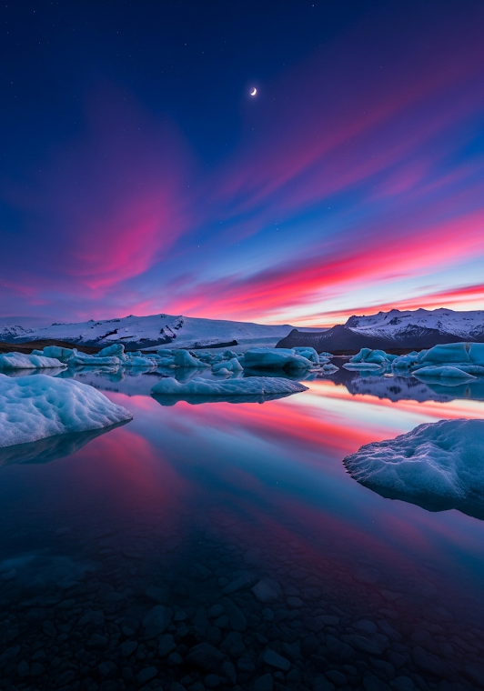 Aurora-Inspired Sunset over Glacial Lake