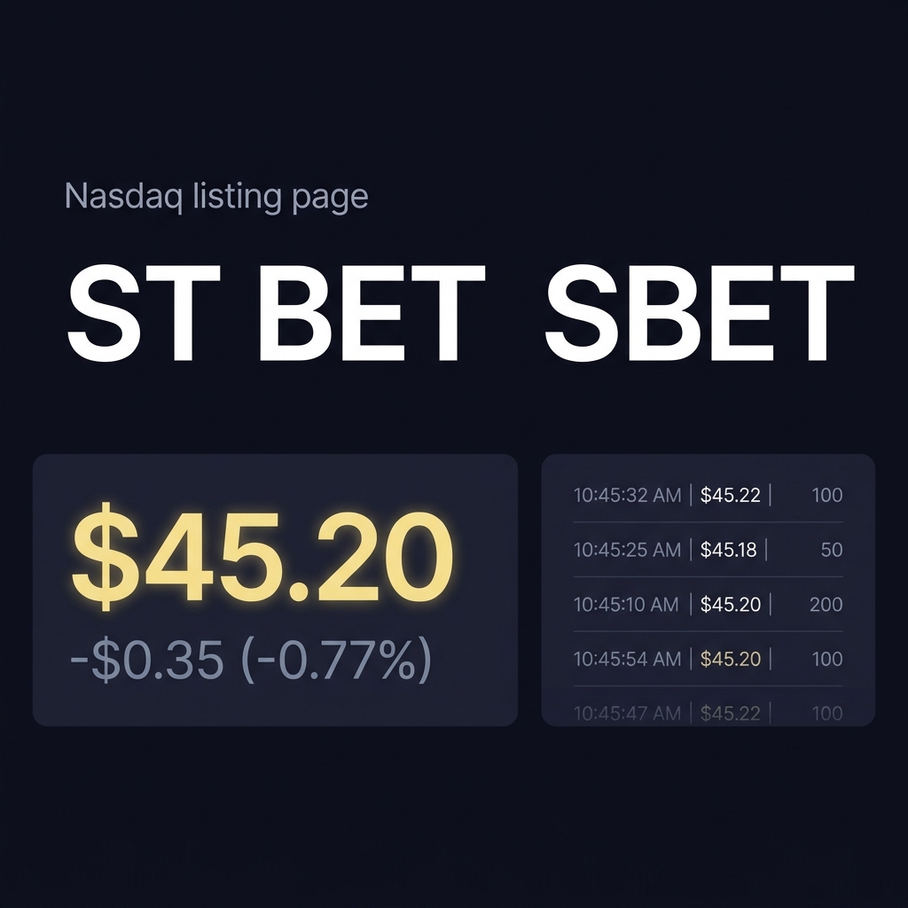 Full frame Nasdaq listing screenshot focused on st bet SBET showing current price quote and recent trades on a dark Funded Plays themed interface