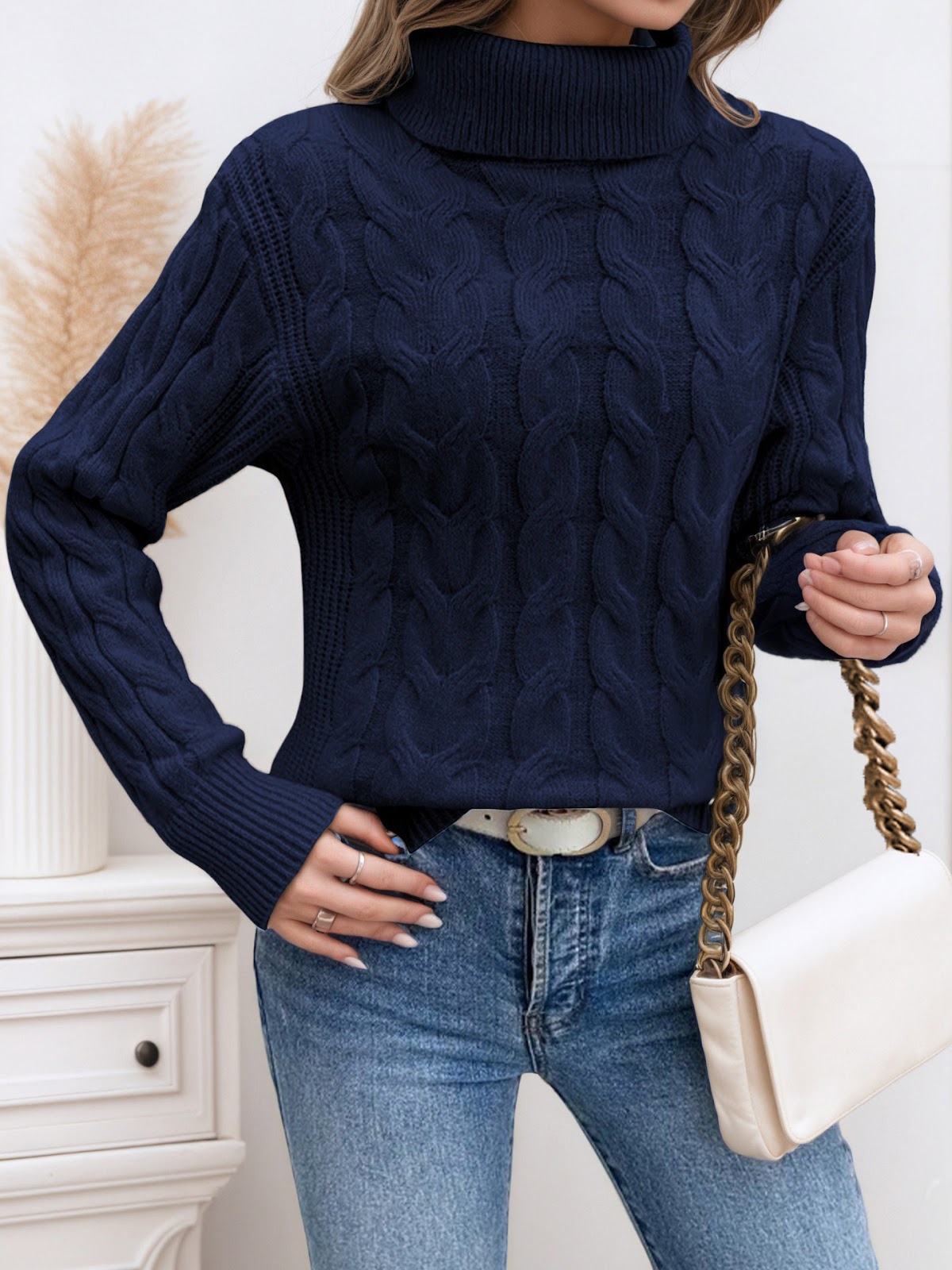 Cable knit sweater with high collar