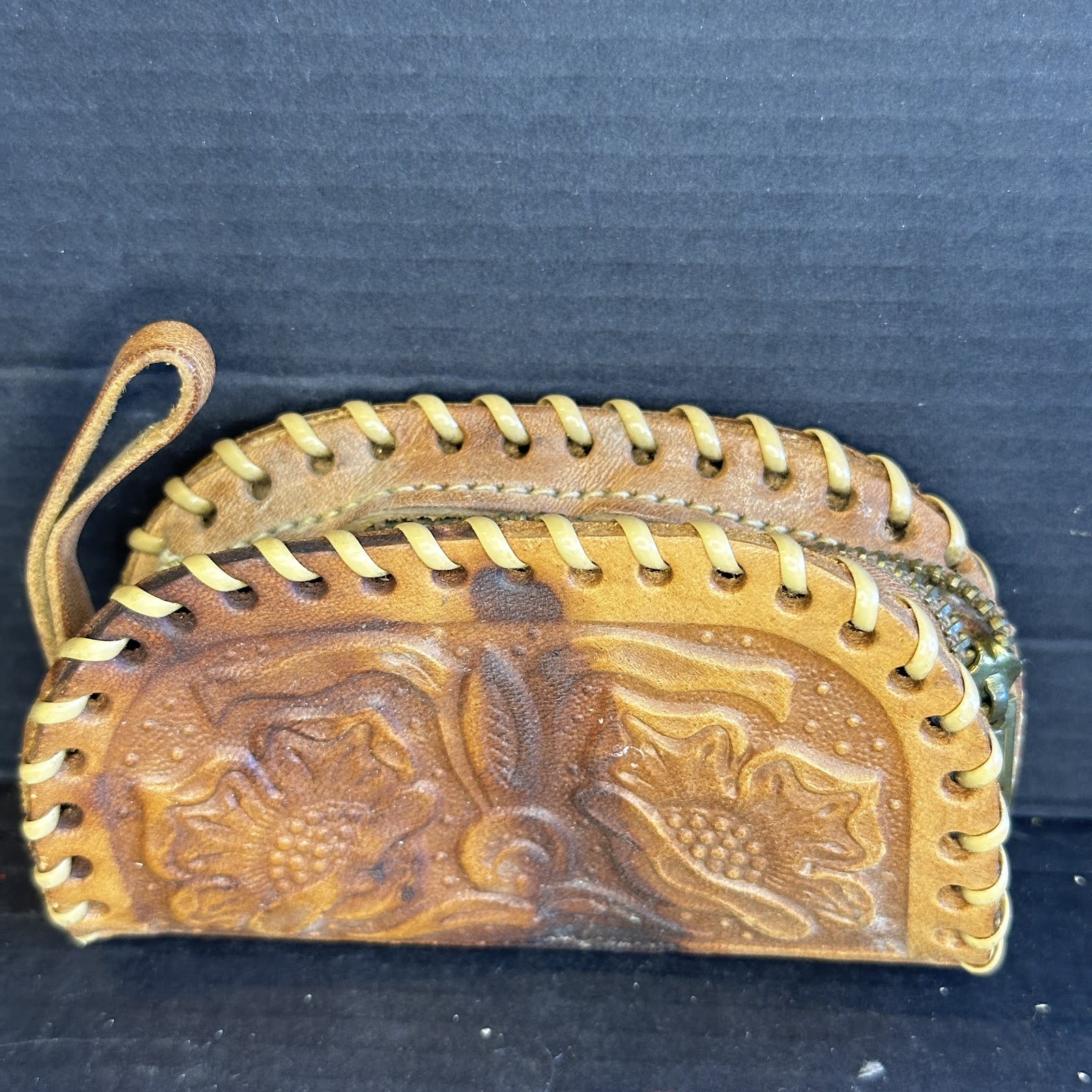 Hand-tooled leather semi-circle coin purse, mid-century souvenir, 1950s to 1970s
