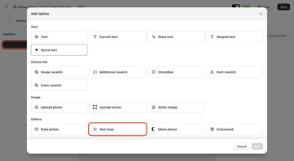 Add option menu with Star map selected under Others