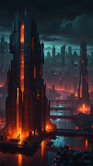 Futuristic city with glowing orange towers under stormy sky - Free mobile Wallpaper
