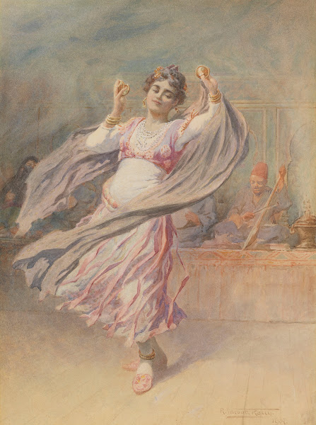 Orientalische Tänzerin mit Musikern 1907