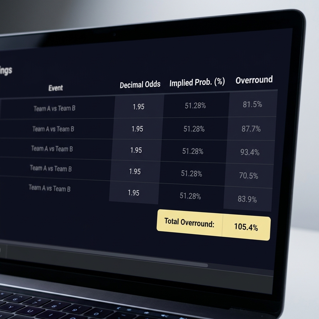 Close up laptop spreadsheet showing converted implied probabilities and a highlighted overround total for nrl betting odds in a minimalist Funded Plays dark aesthetic