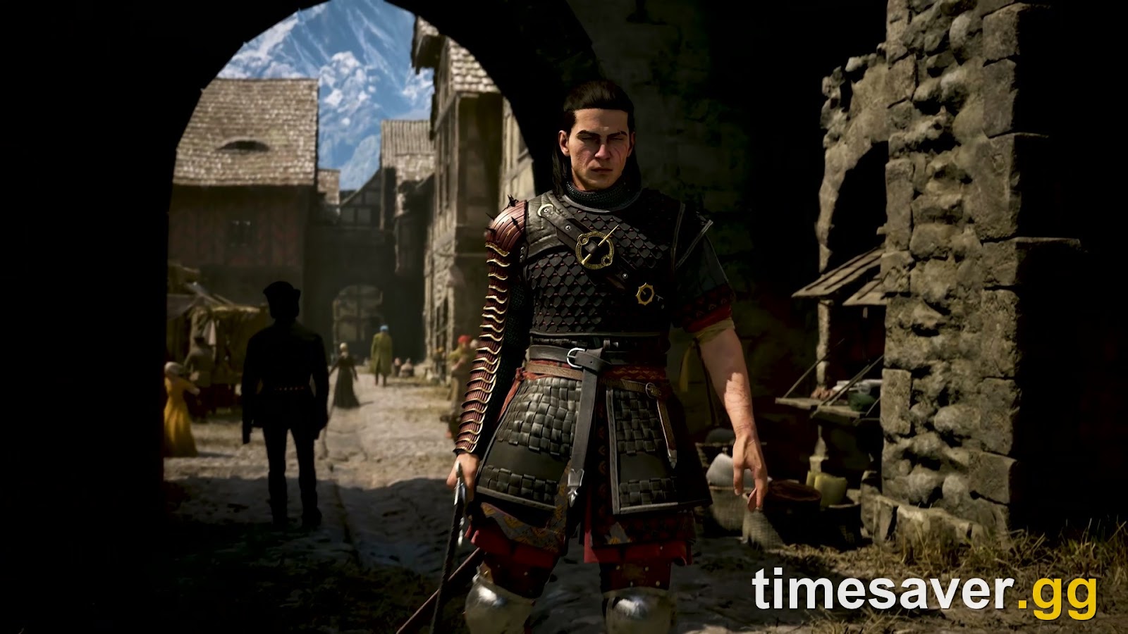 Coen, armored, walks a sunlit village by day — the exploration-first pace that Story and Fair protect