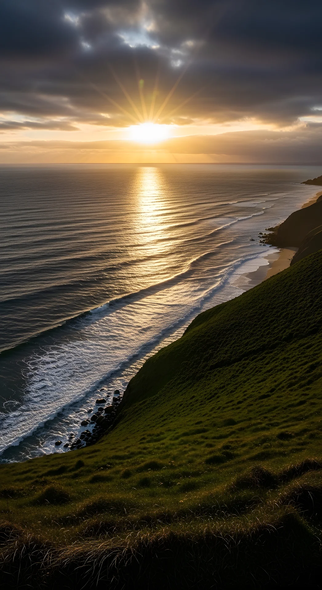 Dramatic Sunset View Over Steep Coastal Cliffs and Reflective Ocean Waves - Free 4K mobile Wallpaper