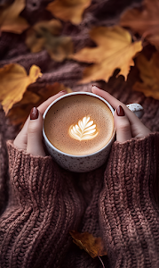 Warm Latte Art Mug Held by Hands in Chunky Knit Sweater