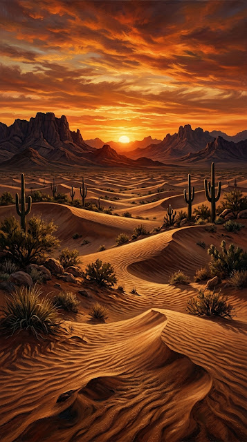Realistic Desert Landscape at Sunset with Red Sky and Dunes - Free mobile Wallpaper