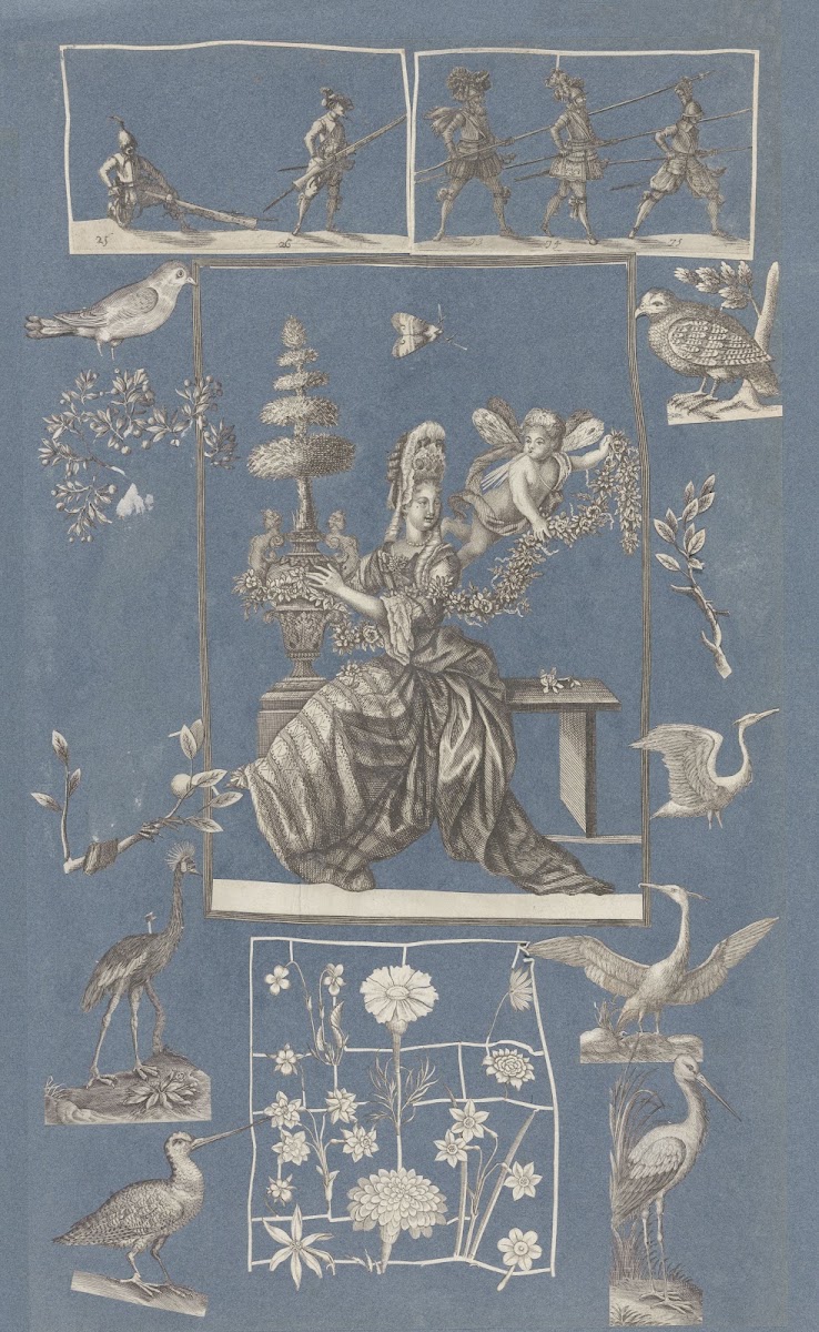 Collage of cut out prints pasted on blue paper Pl 17 1585