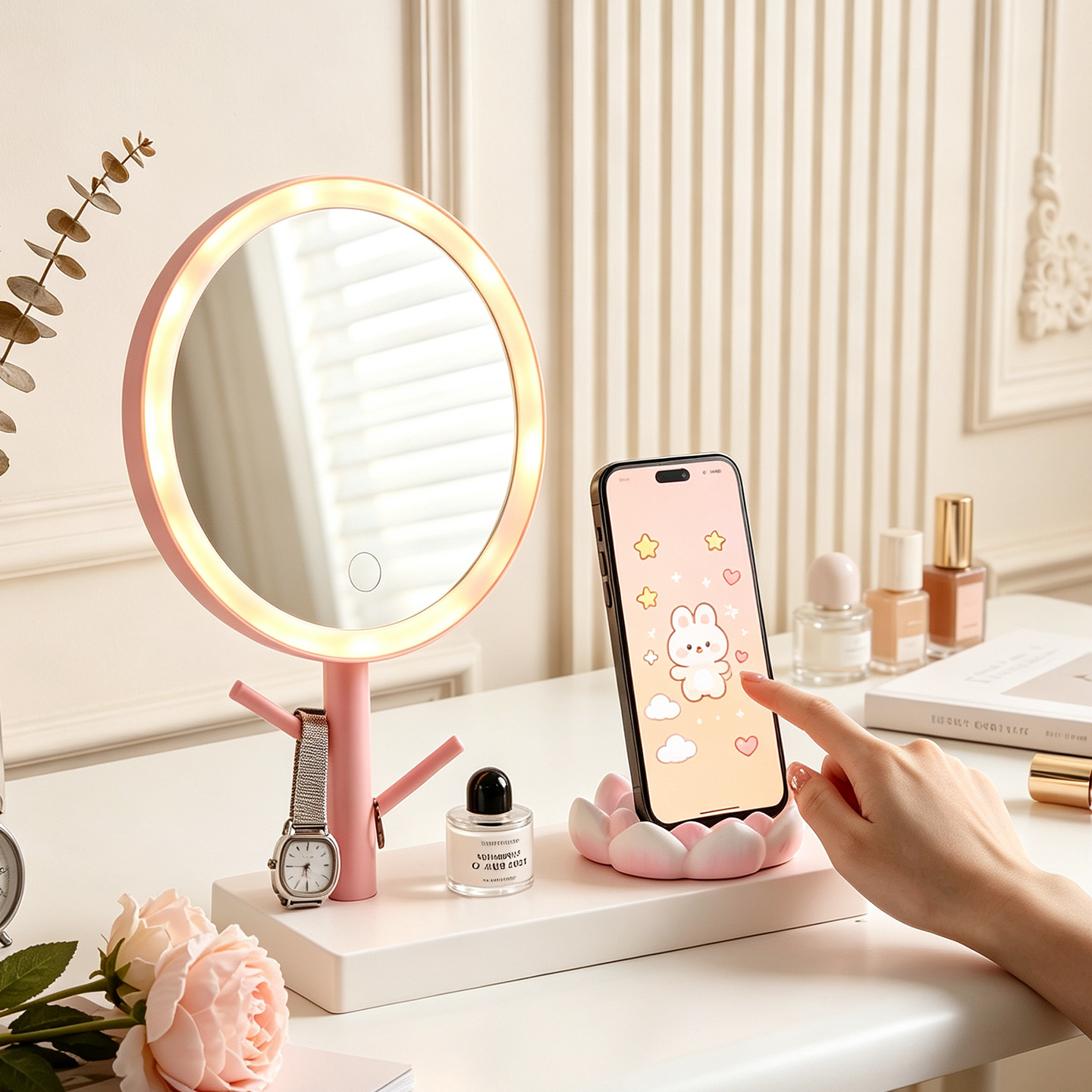 Lotus Makeup Mirror with Phone Stand and Tray