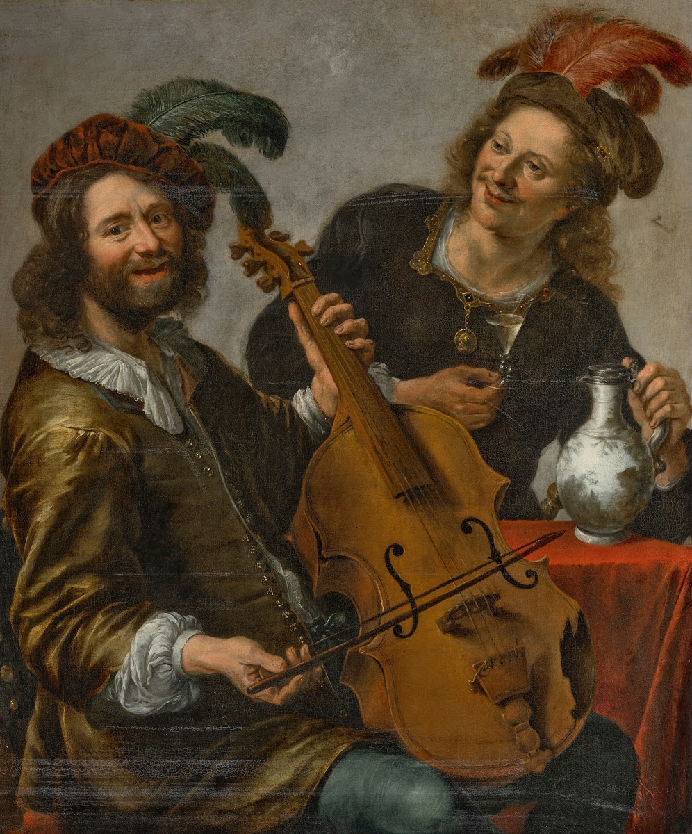 A man playing a viola da gamba being offered a glass of wine by a young man 17th