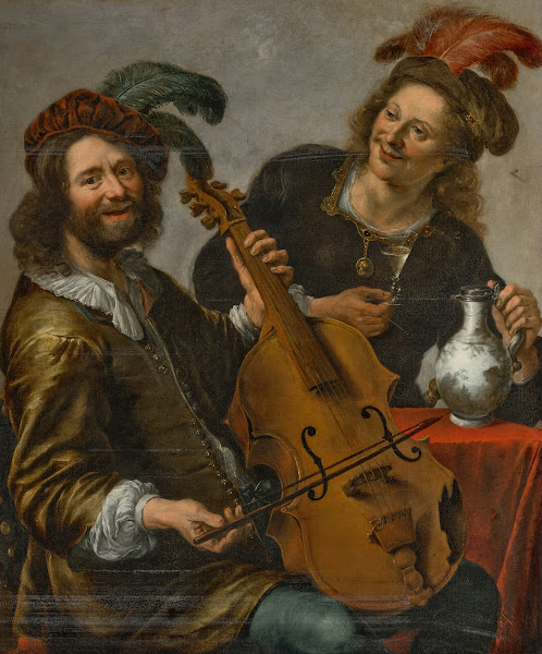 A man playing a viola da gamba being offered a glass of wine by a young man 17th