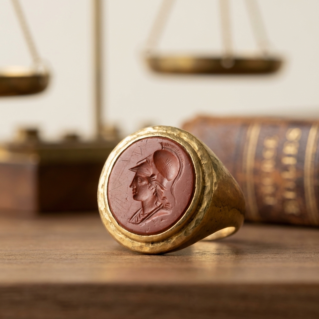 Macro close up of red jasper intaglio in a gold bezel evoking roman emperor caligula ring with blurred scales and a small classical book suggesting provenance in warm muted tones