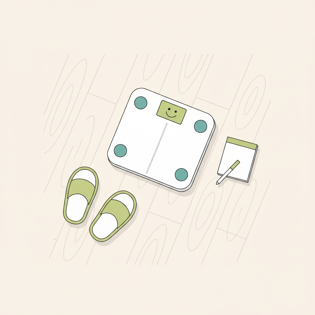 Nahaufnahme einer Waage auf Holzboden mit Hausschuhen, Notizblock und Stift; Display zeigt Smiley statt Zahl – freundliche Szene, wie lange bis sichtbare bauchmuskeln