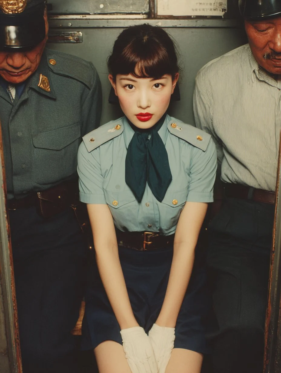 Fotografía callejera elegante de una joven japonesa y policías.