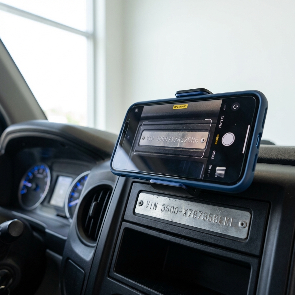 Close up of a VIN plate being scanned by a smartphone on a truck dashboard with odometer visible and CarFax Deals blue accents, kelley blue book trucks