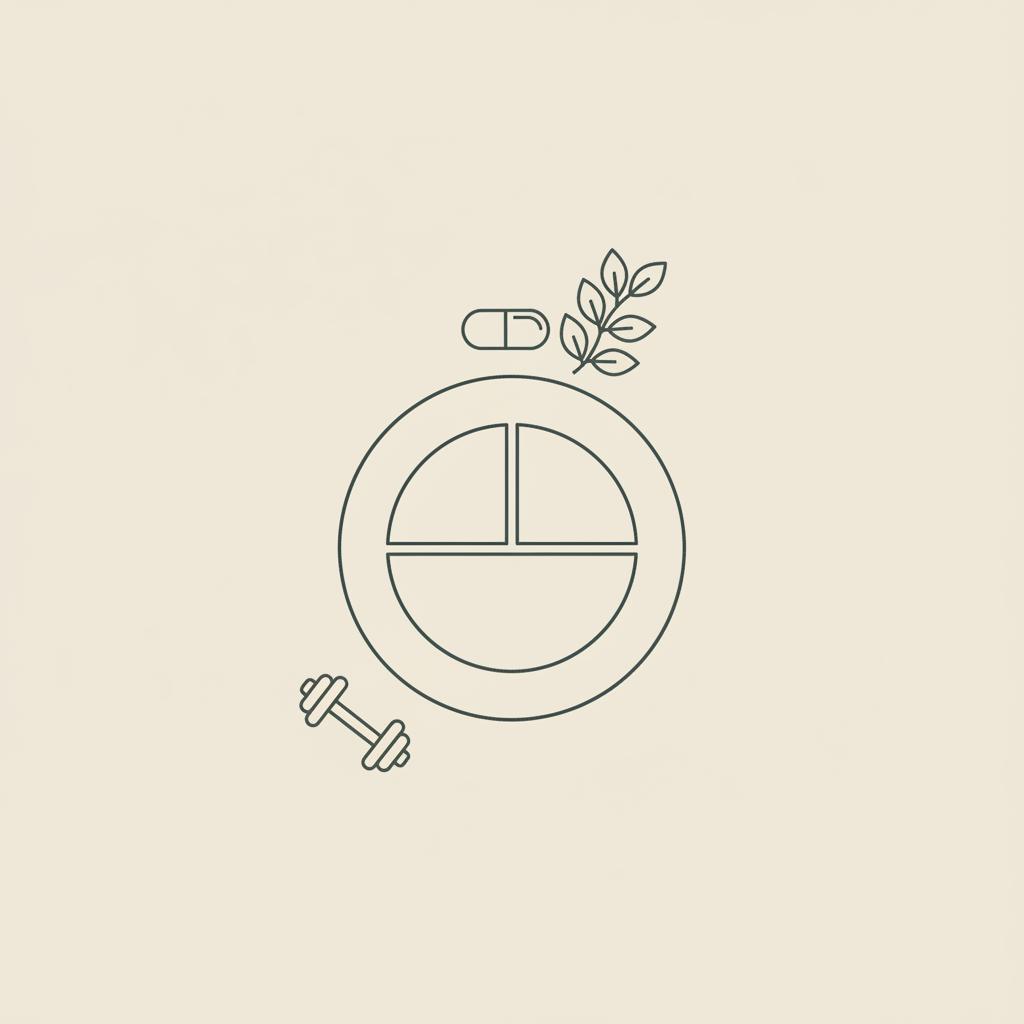 Minimal Tonum-style line illustration of a divided plate (carbs, protein, fats) with a small dumbbell and a capsule turning into leaves, representing the 40/30/30 diet.