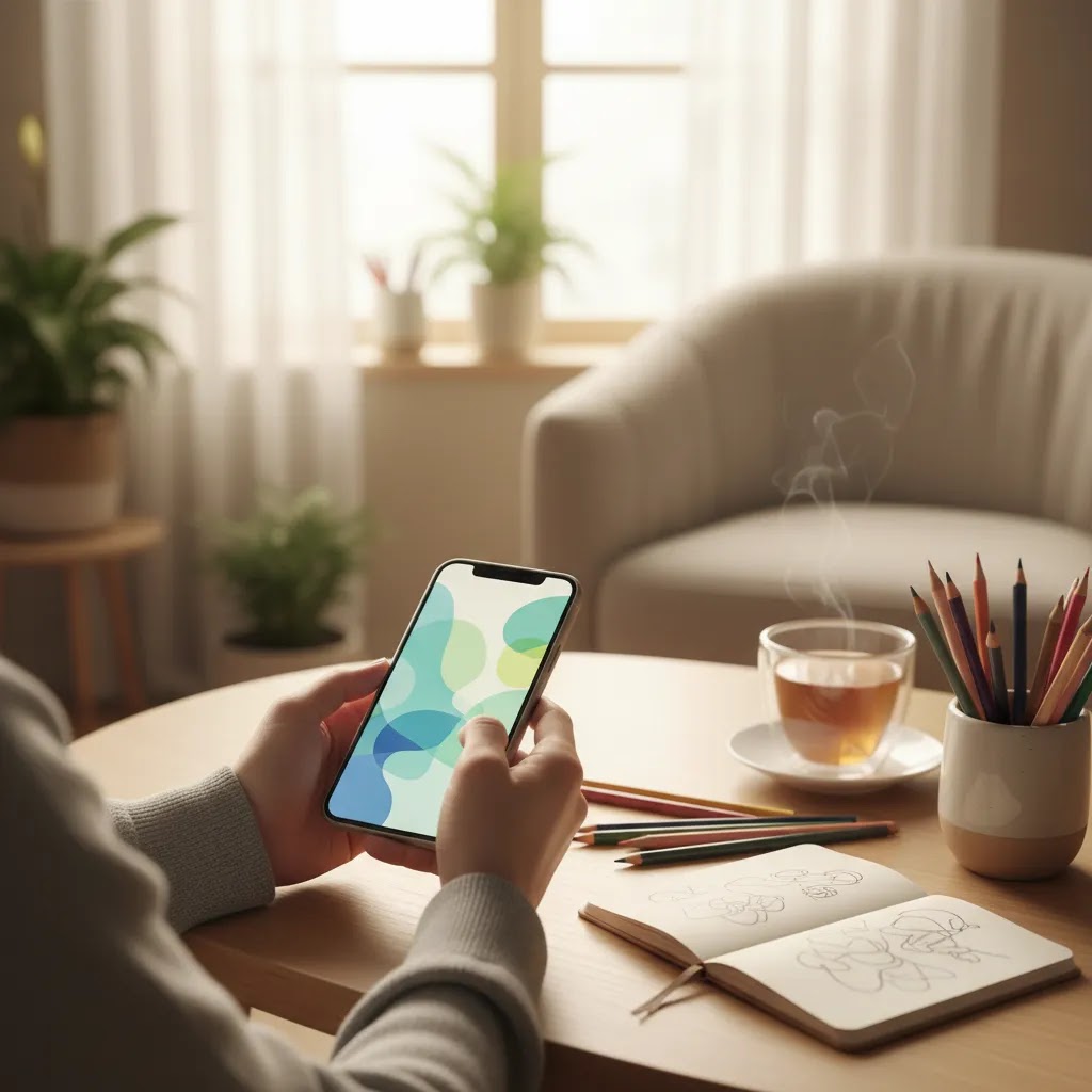 Work stress Singapore tool image showing a calming art therapy app and simple creative materials at home