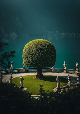 Formal Garden Sculpted Tree Lake View