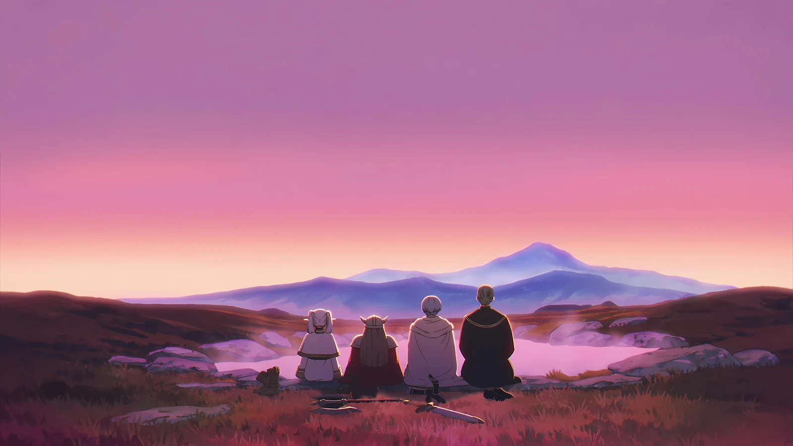 Viewing The Pink Mountain Sunset - Anime Landscape Illustration 4K Wallpaper (3840x2160)