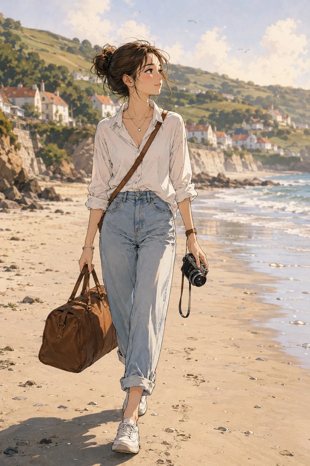 Mujer joven paseando por una playa soleada con una cámara antigua.