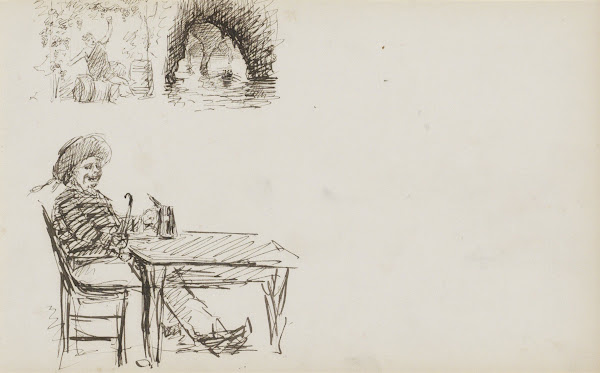 Man met een pijp aan een tafel 1880