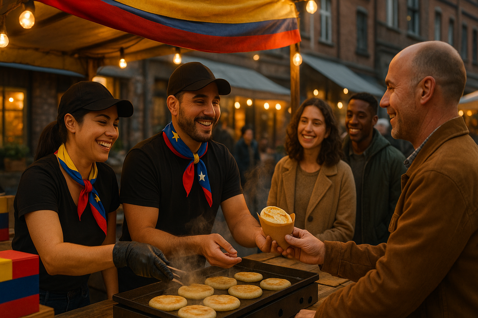 Emprendedores venezolanos sirviendo arepas a vecinos en un mercado barrial europeo al atardecer