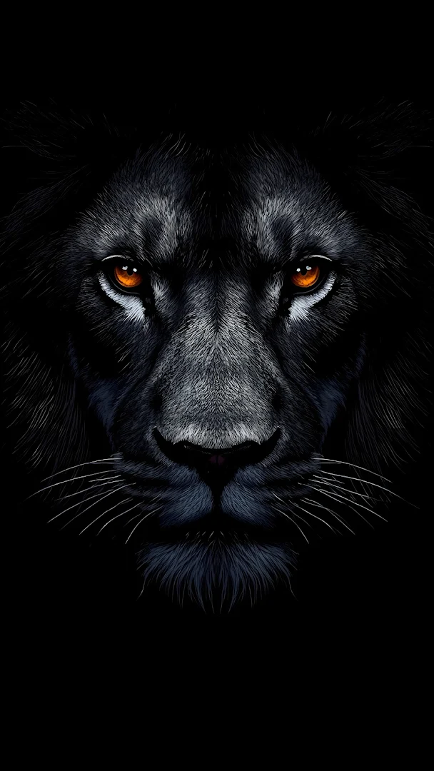 Intense Black Lion Face Portrait with Fiery Orange Eyes