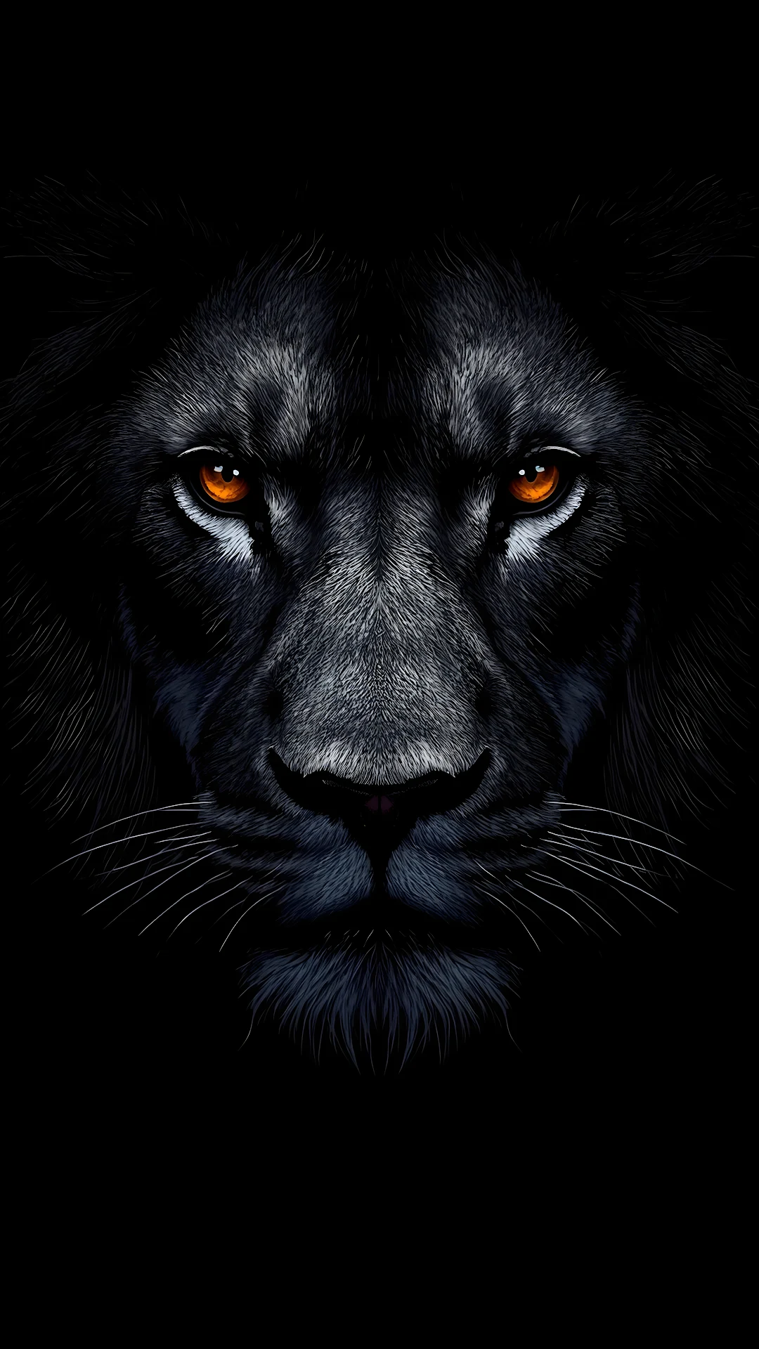 Intense Black Lion Face Portrait with Fiery Orange Eyes - Free 4K mobile Wallpaper