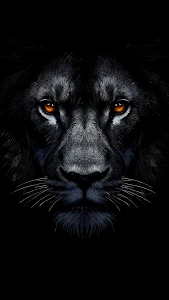 Intense Black Lion Face Portrait with Fiery Orange Eyes