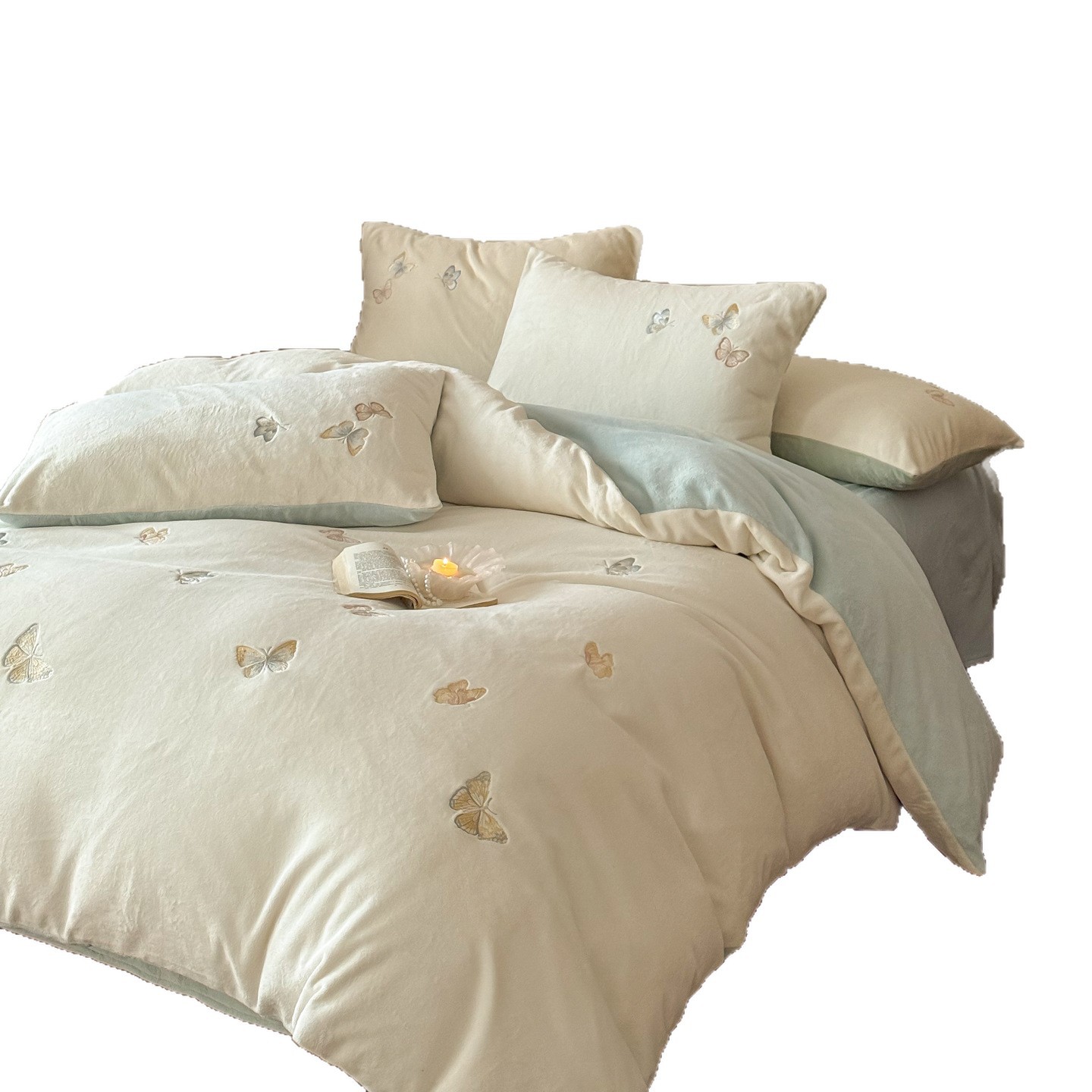 Milchfaser-Fleece Bettwäsche-Set, winterwarm, bestickt