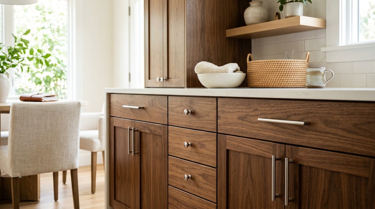 How to Pair Chrome Hardware With Warm Wood Cabinets - chrome accents used in living room bedroom and dining room