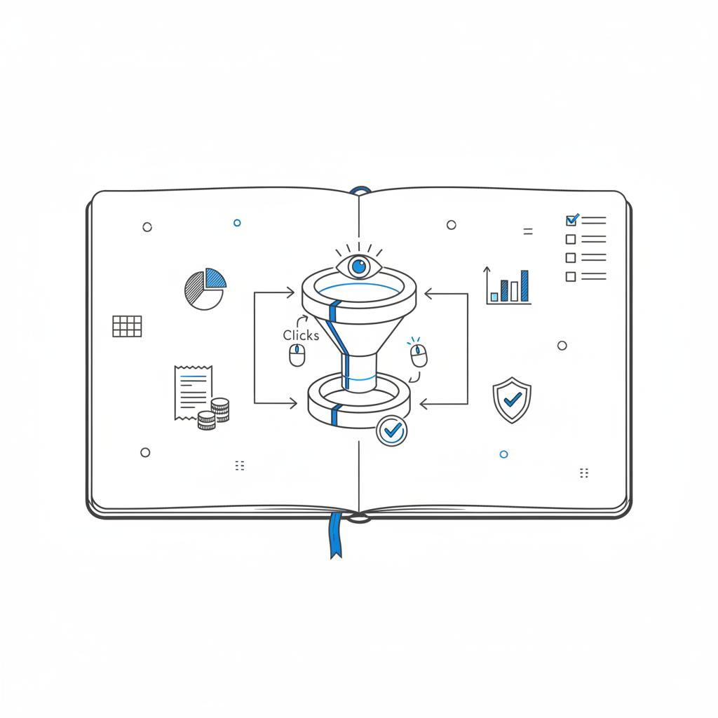 Minimal 2D vector planner page illustrating a PPC flow with funnel, icons (eye, pointer, coin), invoice and analytics sketches for who pays for PPC.