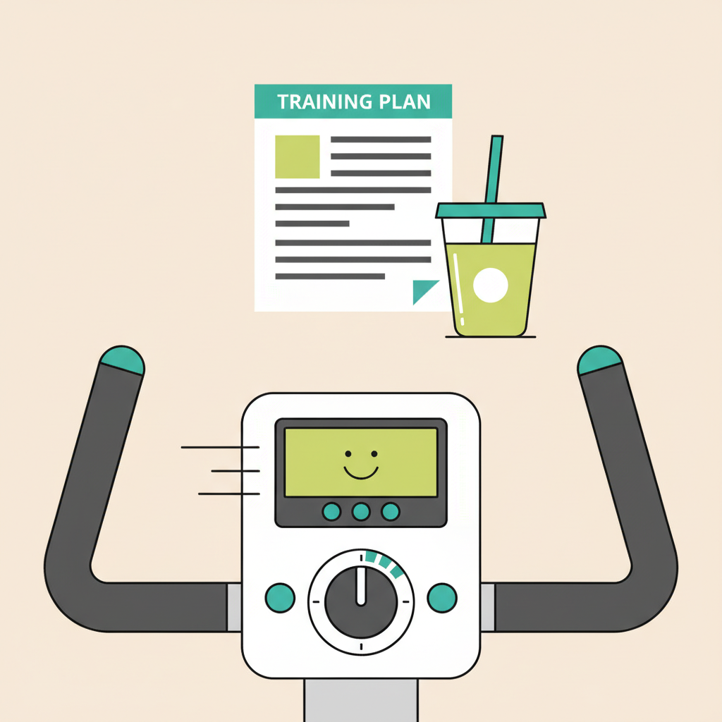 Nahaufnahme eines Ergometer-Lenkers mit eingestelltem Intensitätsregler und Smiley-Display, im Hintergrund unscharf Trainingsplan und veganer Shake in Vegardians-Farben.