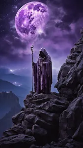 Hooded Mage with Staff Under Purple Moon