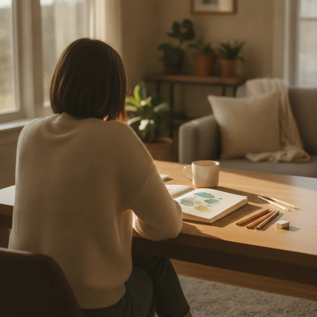 Types of expressive arts therapy for beginners shown in a calm home creative practice scene