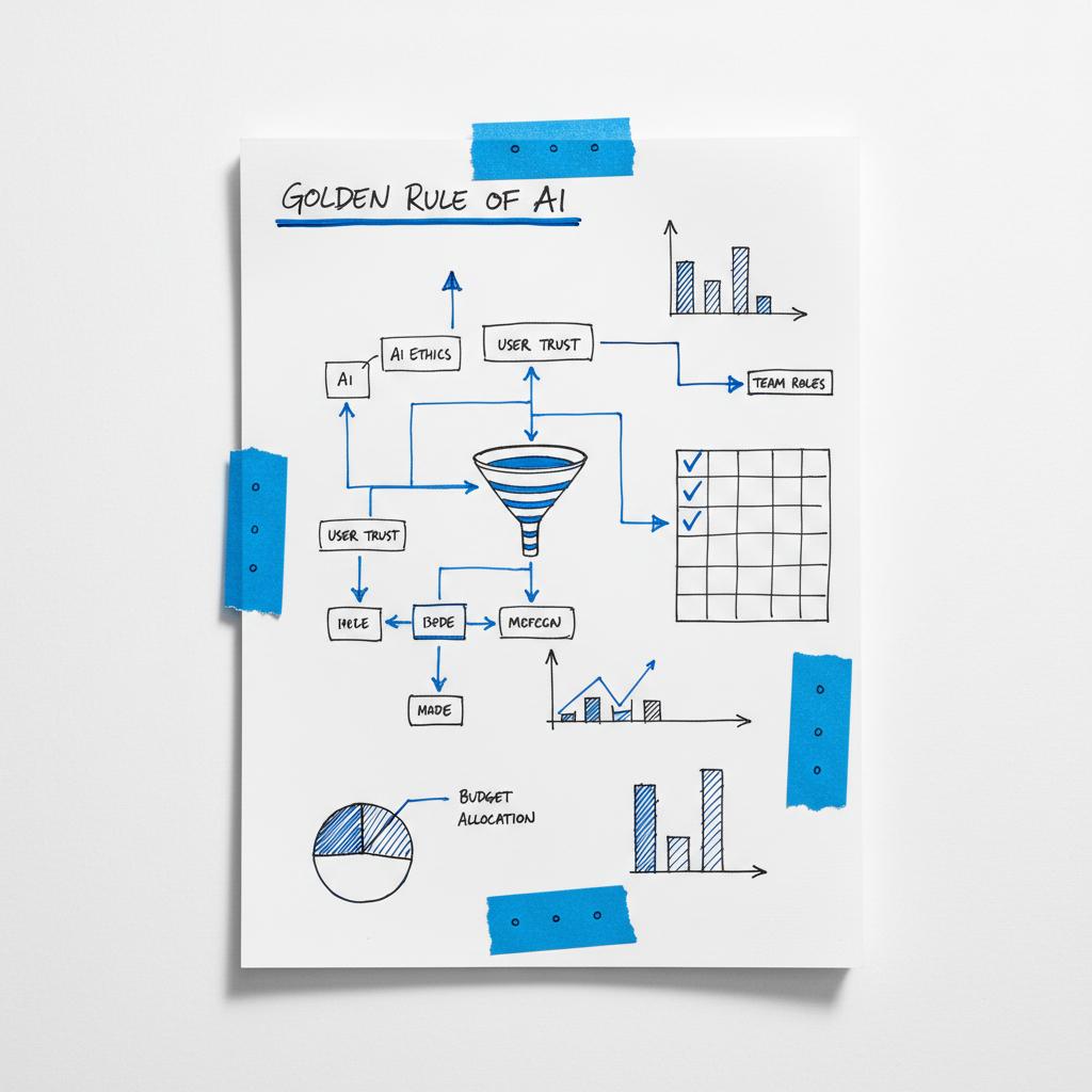 Full-frame close-up notebook page with hand-sketched prompts, brand sentence drafts and sticky notes on white background, dark #39383f lines and #1a5bfb accents &mdash; golden rule of AI