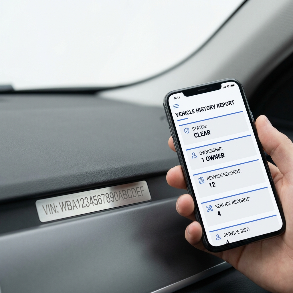 Close up of BMW 540i for sale VIN plate on dashboard with a hand holding a mobile device showing a vehicle history report page on a clean white background with CarFax Deals blue accents