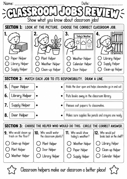 Classroom Jobs Mini Review Worksheet