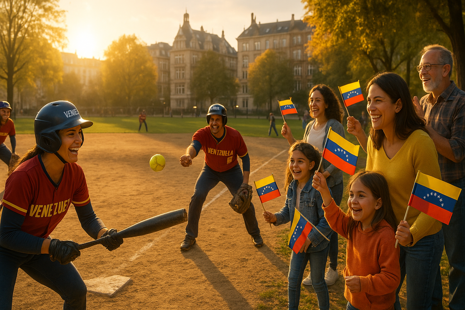 Venezolanos jugando sófbol en un parque urbano, familias alentando con banderas